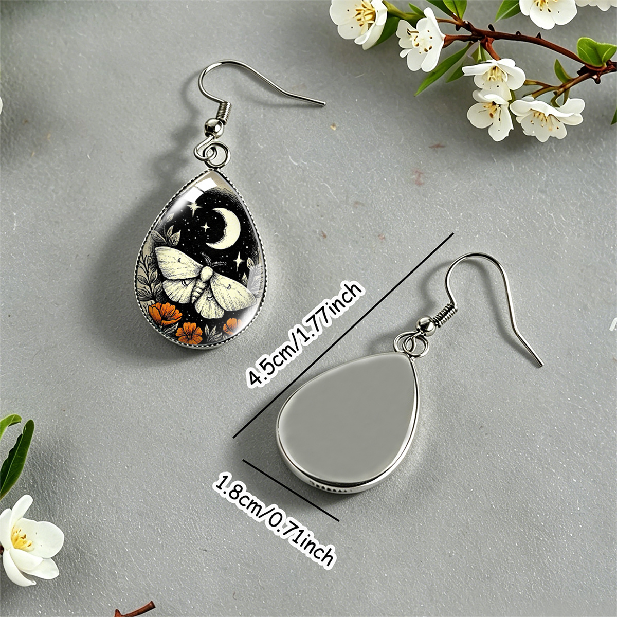 Crescent Star Moth Orange Flower Print Water Drop Earrings